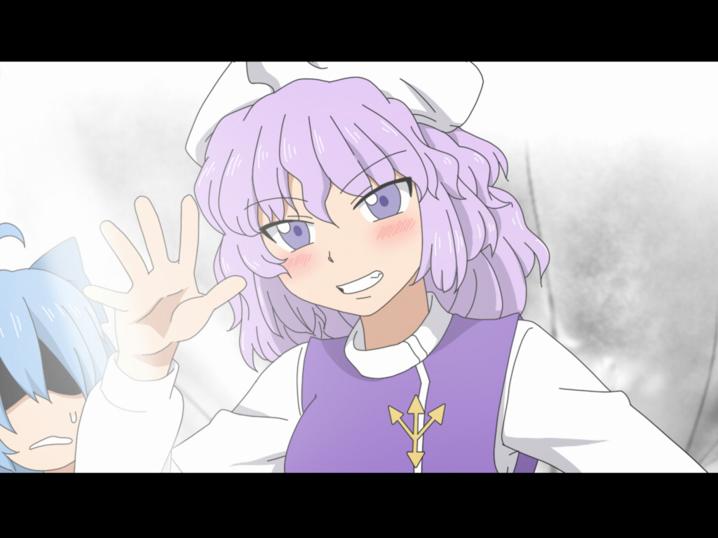 2girls, blue_hair, blush, cirno, danshi_koukousei_no_nichijou, female_focus, gradient_background, hat