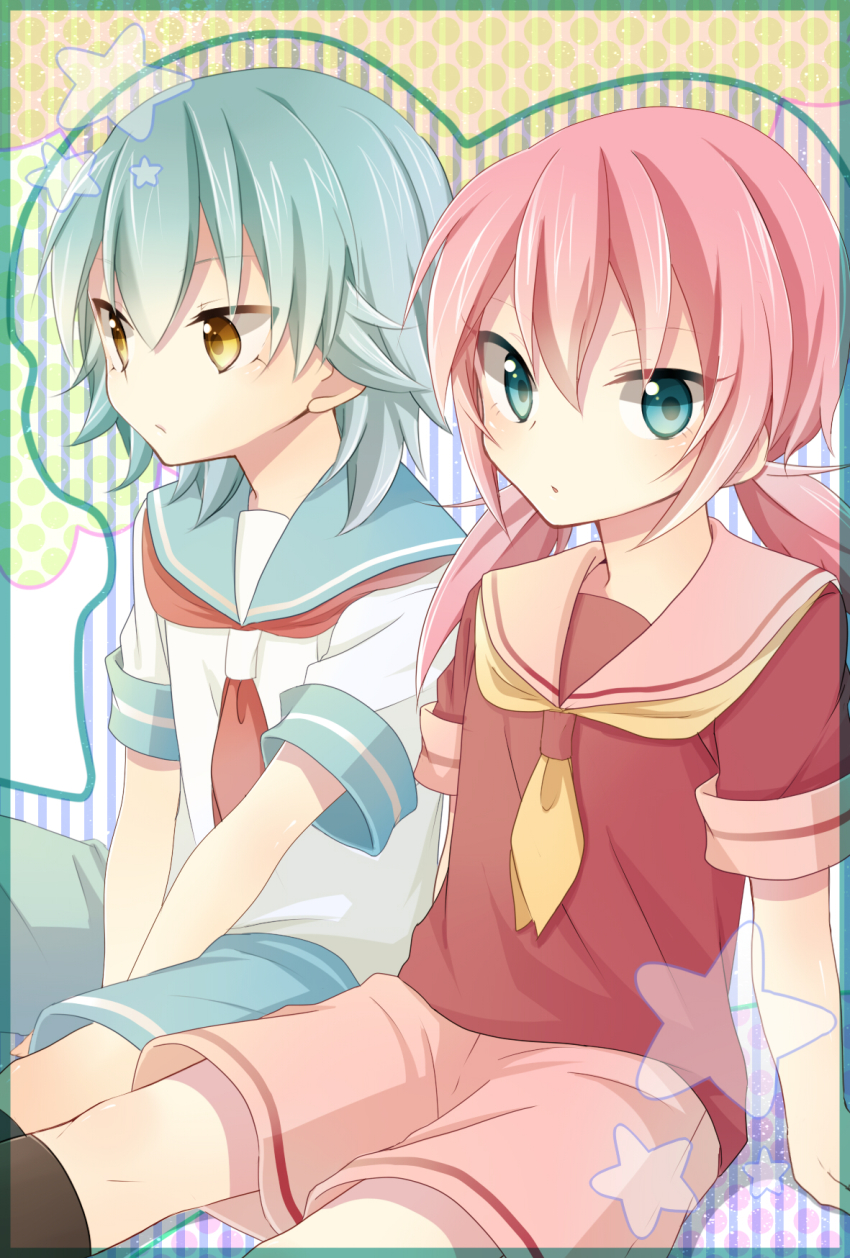 2boys, androgynous, aqua_eyes, aqua_hair, bad_id, bad_pixiv_id, border, highres