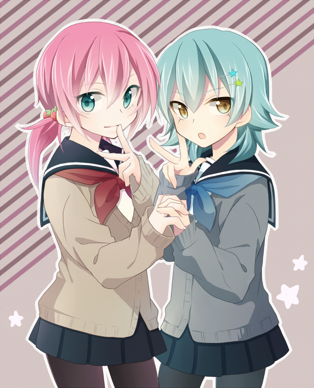 2boys, :o, androgynous, aqua_eyes, aqua_hair, bad_id, bad_pixiv_id, cardigan, crossdressing, crossdressing_(mtf), diagonal_stripes, finger_to_mouth, food, fruit, hair_ornament, hairclip, holding_hands, inazuma_eleven, inazuma_eleven_(series), inazuma_eleven_go, izumi39, kariya_masaki, kirino_ranmaru, male_focus, multiple_boys, pantyhose, pink_hair, school_uniform, serafuku, skirt, star_(symbol), strawberry, striped, trap, twintails, yellow_eyes