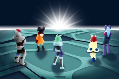 black_hair, blue_hair, coat, dress, elf, green_hair, hunewm, kai_(phantasy_star)