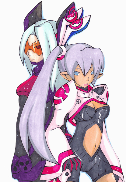 ana_(phantasy_star_zero), back-to-back, blue_eyes, blue_hair, breasts, cameltoe, elf, gloves, navel, phantasy_star, phantasy_star_zero, pointy_ears, purple_hair, red_eyes, reve_(phantasy_star)