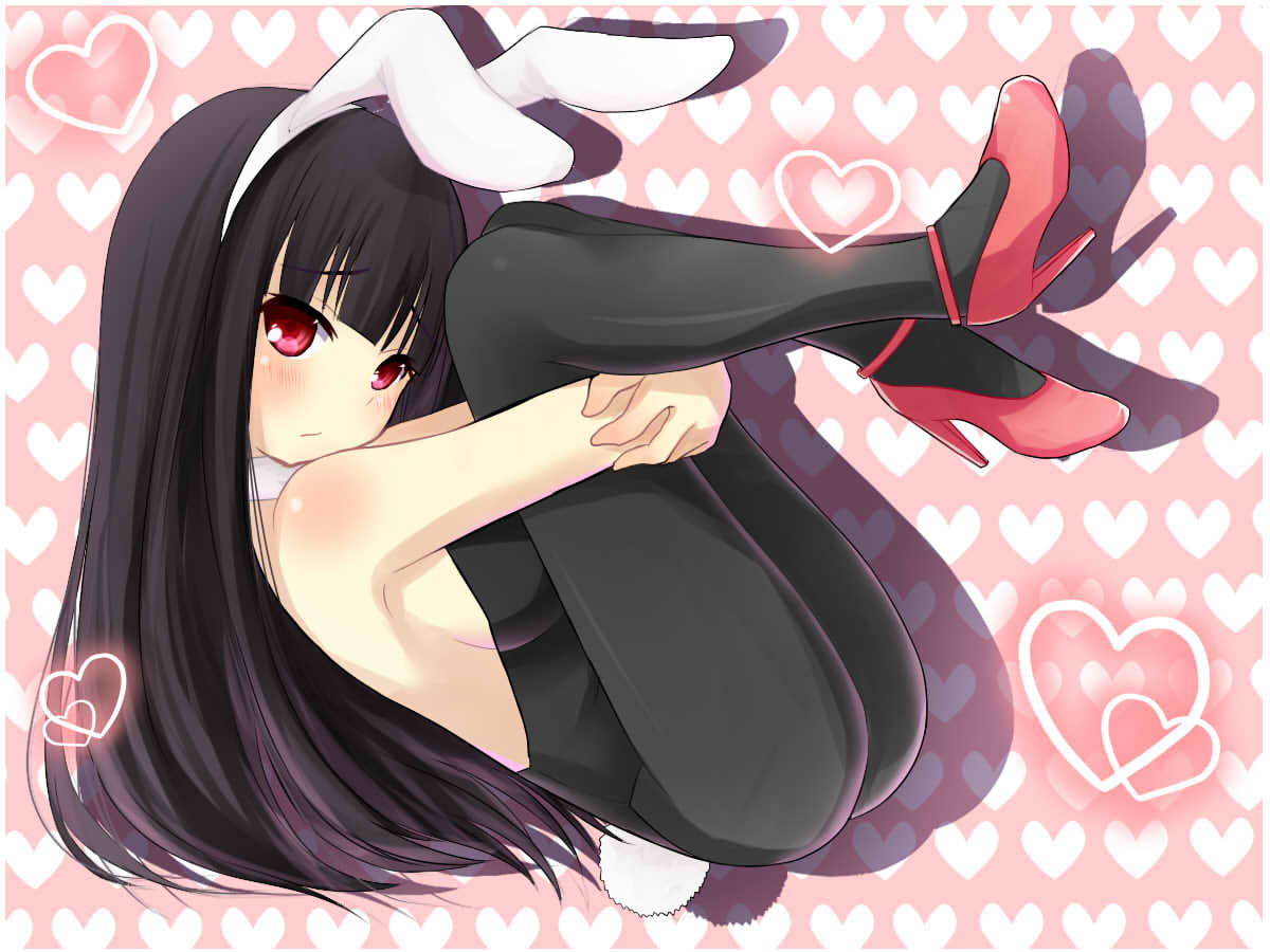 1girl, animal_ears, ass, bad_id, bad_pixiv_id, black_hair, detached_collar, fake_animal_ears, female_focus, high_heels, hikataso, hugging_own_legs, legs_up, long_hair, original, pantyhose, playboy_bunny, rabbit_ears, rabbit_tail, red_eyes, shoes, solo, tail
