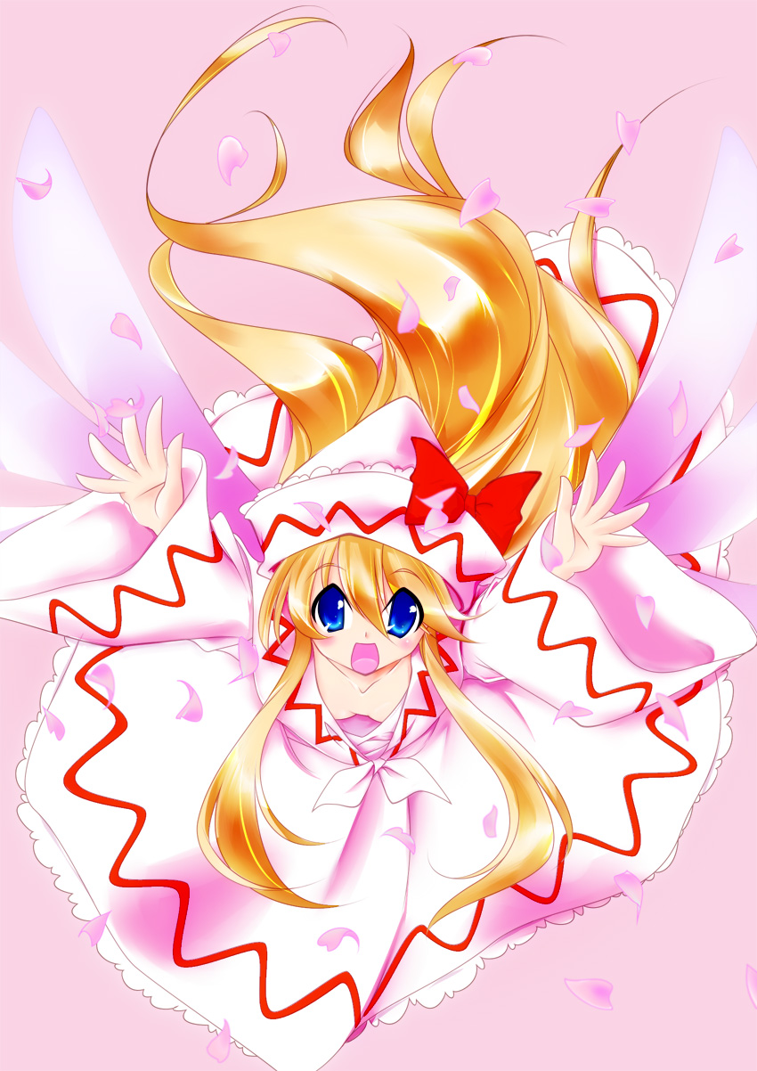 1girl, blonde_hair, blue_eyes, bow, breasts, cherry_blossoms, downblouse, dress