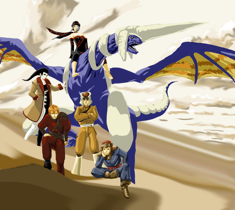 2girls, 3boys, azel_(panzer_dragoon), bare_shoulders, head_rest, dragon, edge_(panzer_dragoon), hat