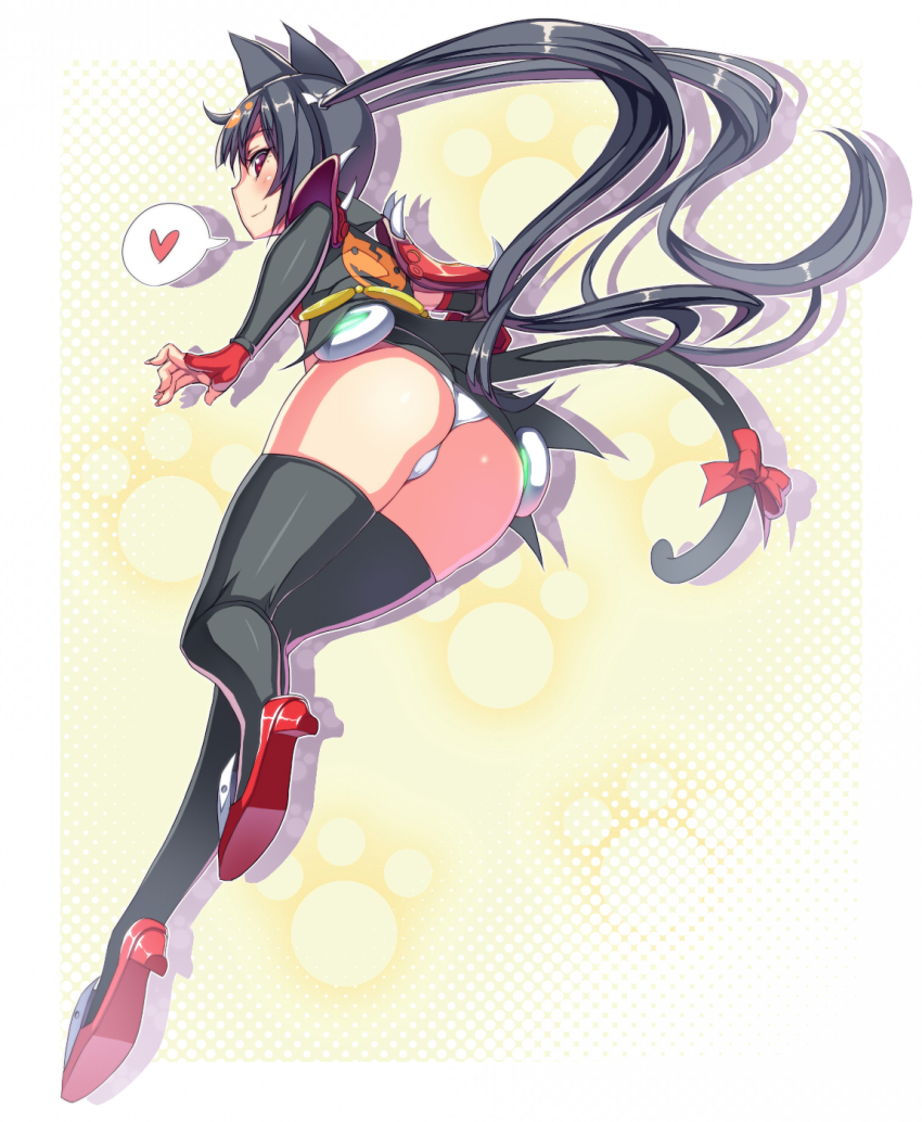 1girl, aleuta_catus, animal_ears, armor, asa_(xametaler), ass, black_hair, black_thighhighs, cat_ears, cat_tail, female_focus, fingerless_gloves, fingernails, gloves, heart, high_heels, highres, long_hair, looking_back, panties, pauldrons, queen's_blade, queen's_gate, queen's_gate_spiral_chaos, red_eyes, ribbon, shoes, shoulder_armor, smirk, solo, spoken_heart, tail, tail_ornament, tail_ribbon, thighhighs, twintails, underwear, very_long_hair, white_panties