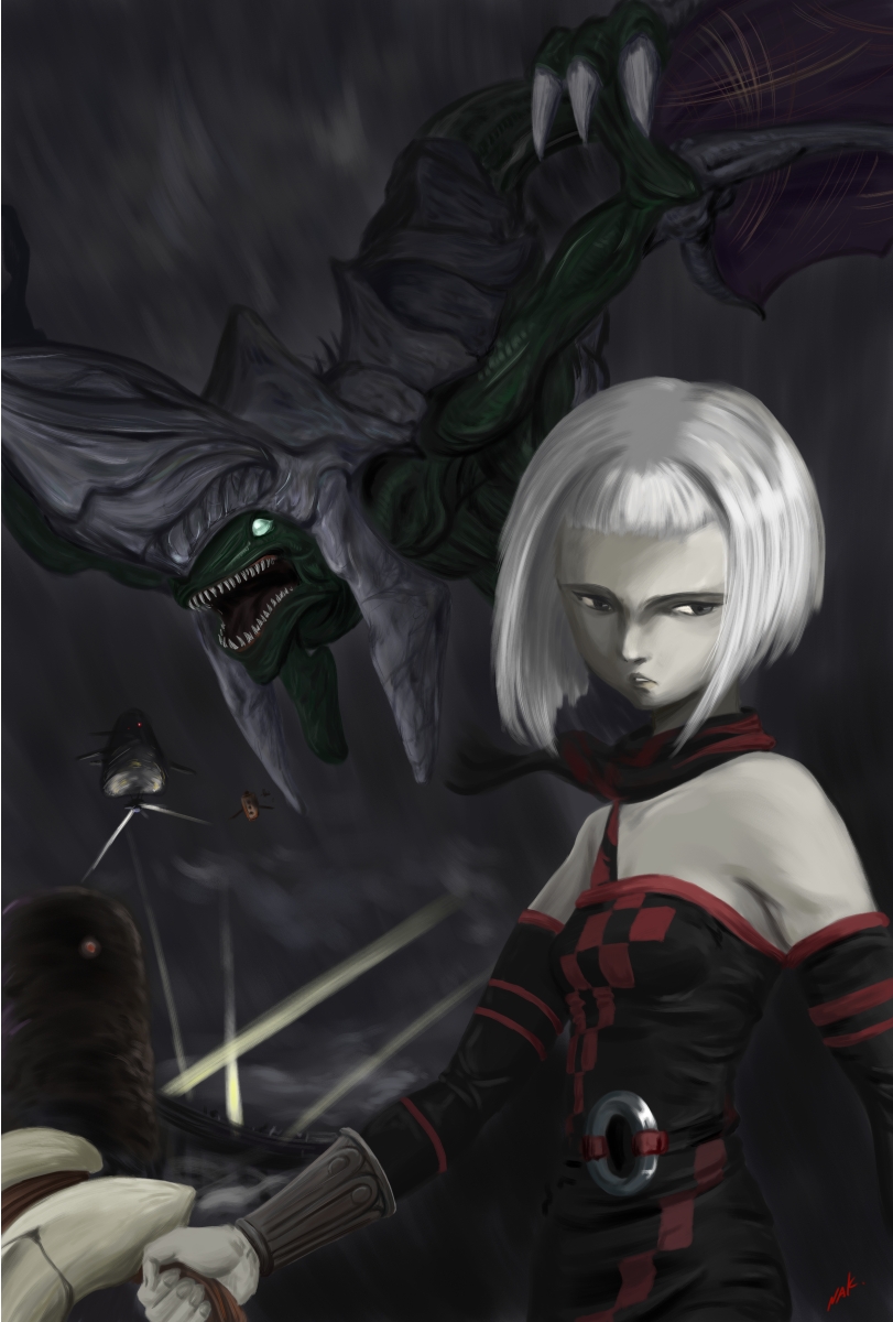 dragon, gun, highres, nakroom, orta, pale_skin, panzer_dragoon, panzer_dragoon_orta