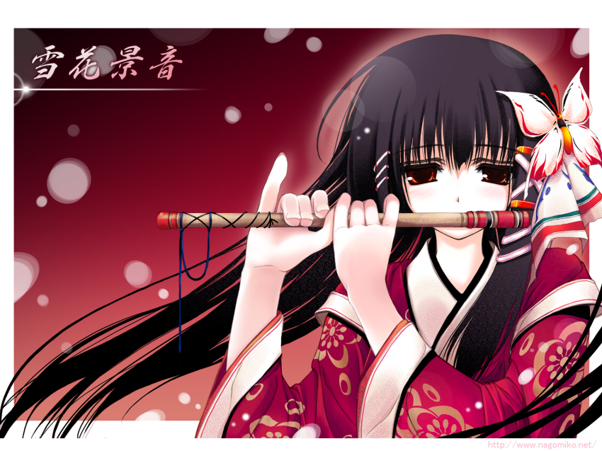 1girl, black_hair, butterfly_hair_ornament, female_focus, flute, hair_ornament, highres, instrument, japanese_clothes, kimono, long_hair, music, playing_instrument, red_eyes, solo, tenmu, tenmu_shinryuusai, upper_body