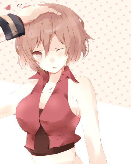 1girl, breasts, brown_hair, hand_on_head, head_pat, headpat, kaito_(vocaloid), large_breasts