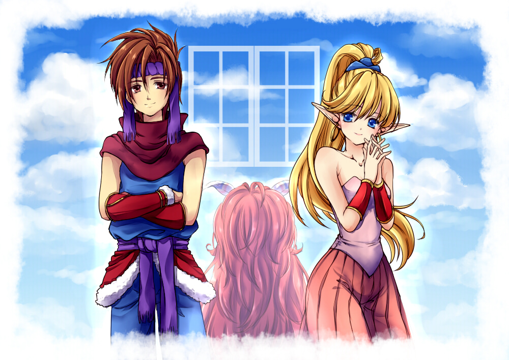 1girl, 2boys, androgynous, bare_shoulders, blonde_hair, blue_eyes, brown_eyes, brown_hair