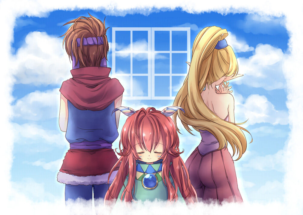 1girl, 2boys, androgynous, bare_shoulders, blonde_hair, capelet, closed_eyes, facepaint