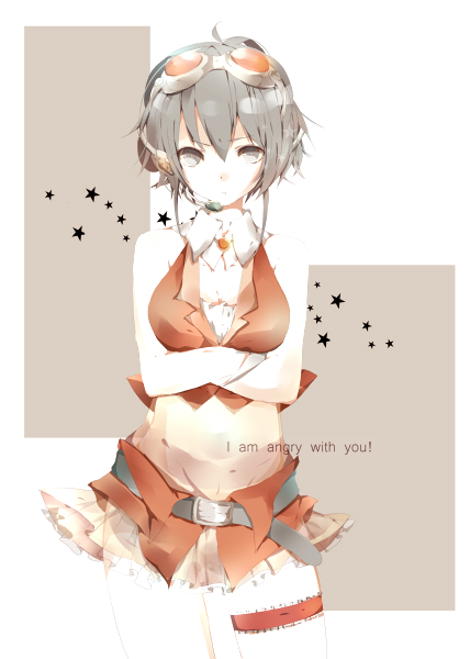 1girl, angry, belt, breasts, crossed_arms, english_text, female_focus, goggles