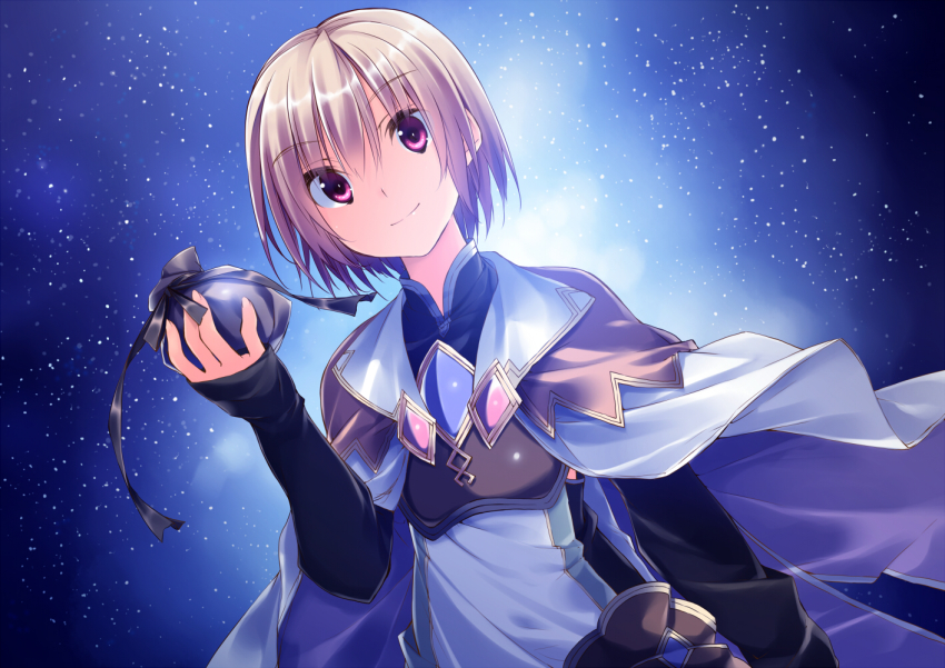1boy, 1girl, brown_hair, cape, female_focus, holding, kuwashima_rein, lest_(rune_factory)