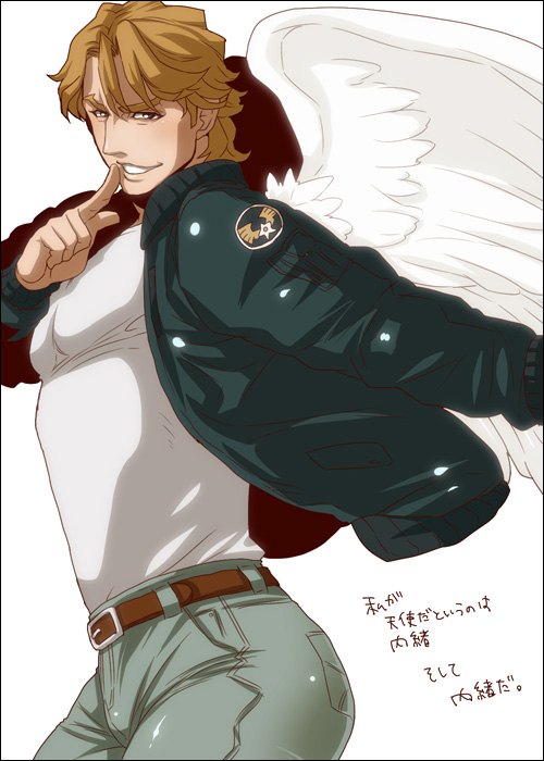 10s, 1boy, bad_id, bad_pixiv_id, belt, blonde_hair, blue_eyes, blue_jacket, bomber_jacket, denim, finger_to_mouth, jacket, jeans, keith_goodman, male_focus, nariie_shin'ichirou, naruseyo, pants, shirt, solo, t-shirt, tiger_&amp;_bunny, wings