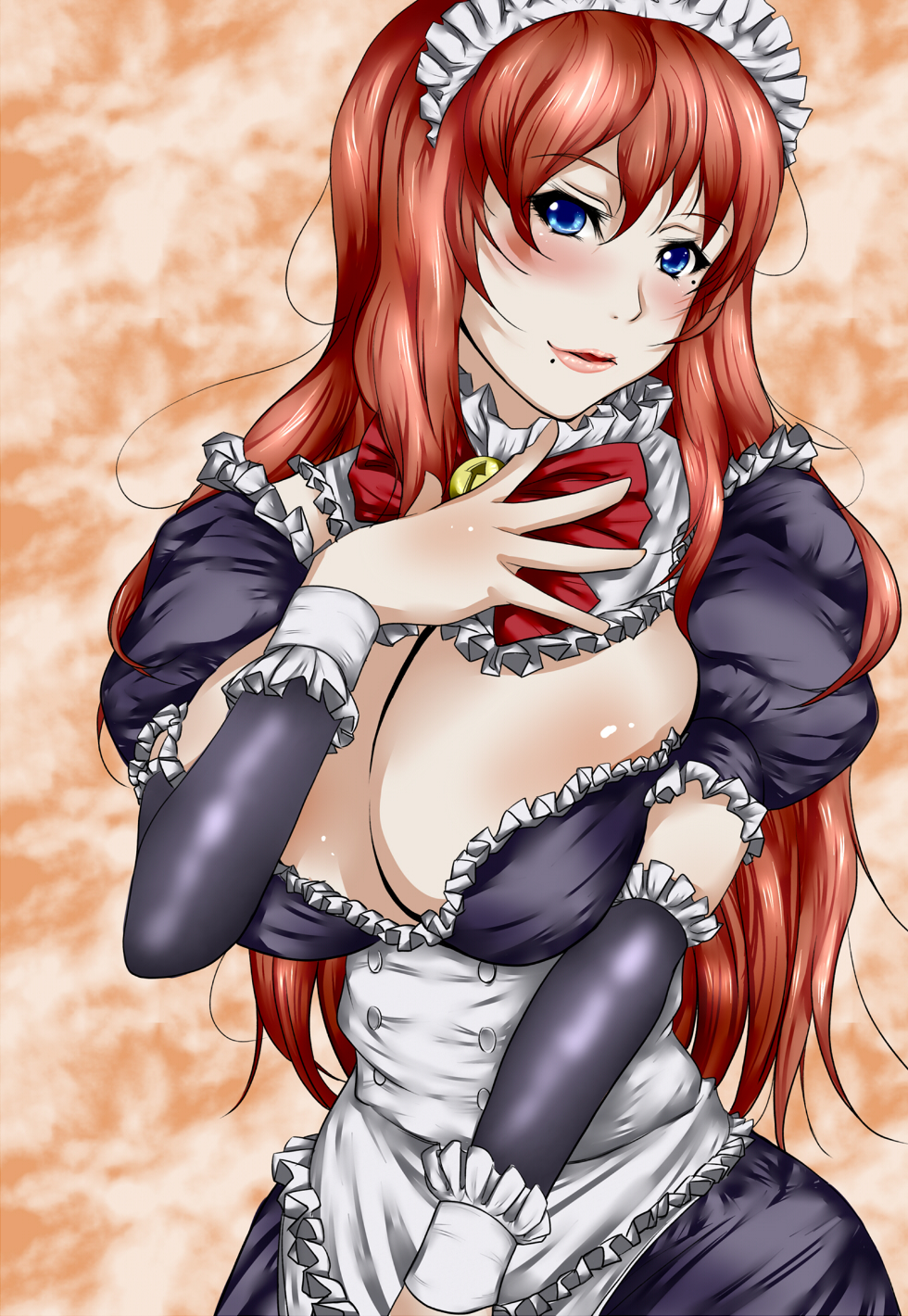 1girl, 81diver, apron, blue_eyes, blush, bow, breasts, cleavage