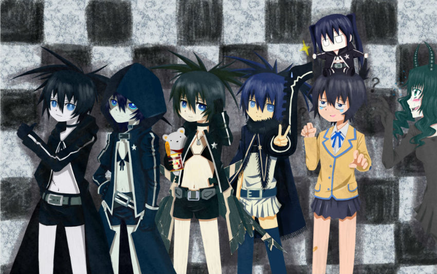 10s, 5girls, ?, black_hair, black_rock_shooter, black_rock_shooter:_innocent_soul, black_rock_shooter_(character), black_rock_shooter_(game)