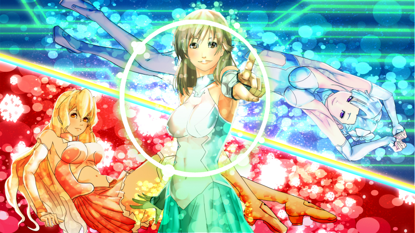 10s, 3girls, blue_hair, bodysuit, breasts, brown_eyes, brown_hair, fin_e_ld_si_laffinty