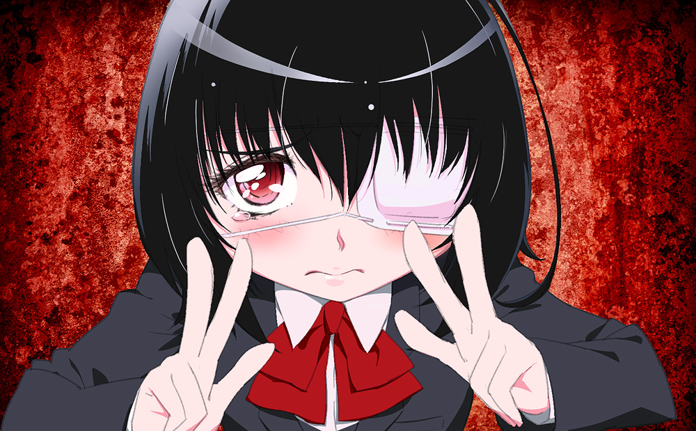 1girl, ahoge, another, bad_id, bad_pixiv_id, black_hair, blush, cure_peace_pose