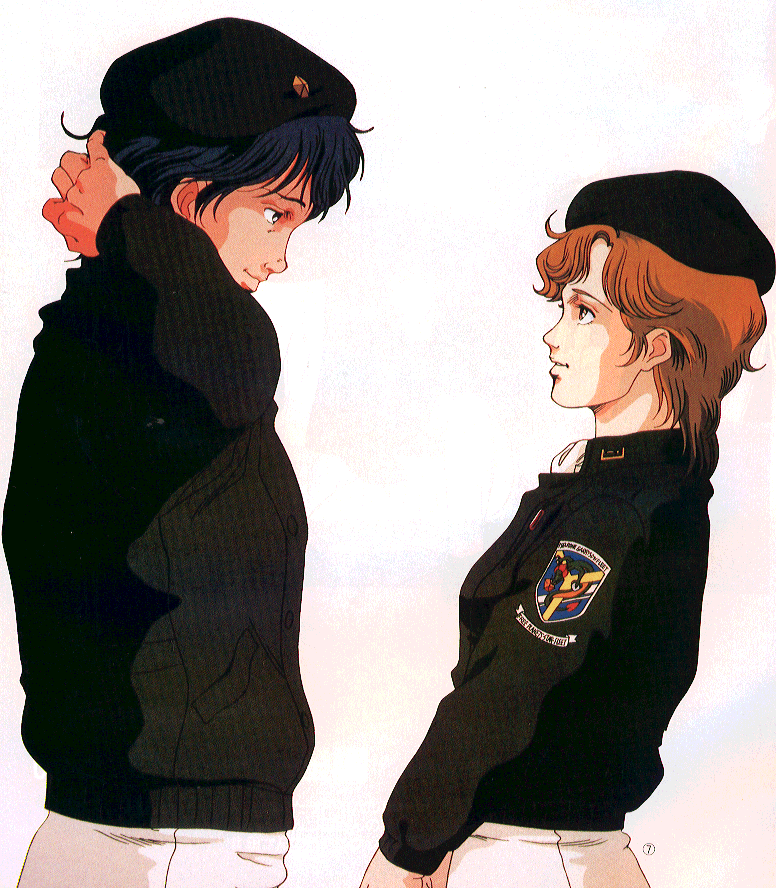 1boy, 1girl, beret, black_hat, emblem, frederica_greenhill, from_side, ginga_eiyuu_densetsu