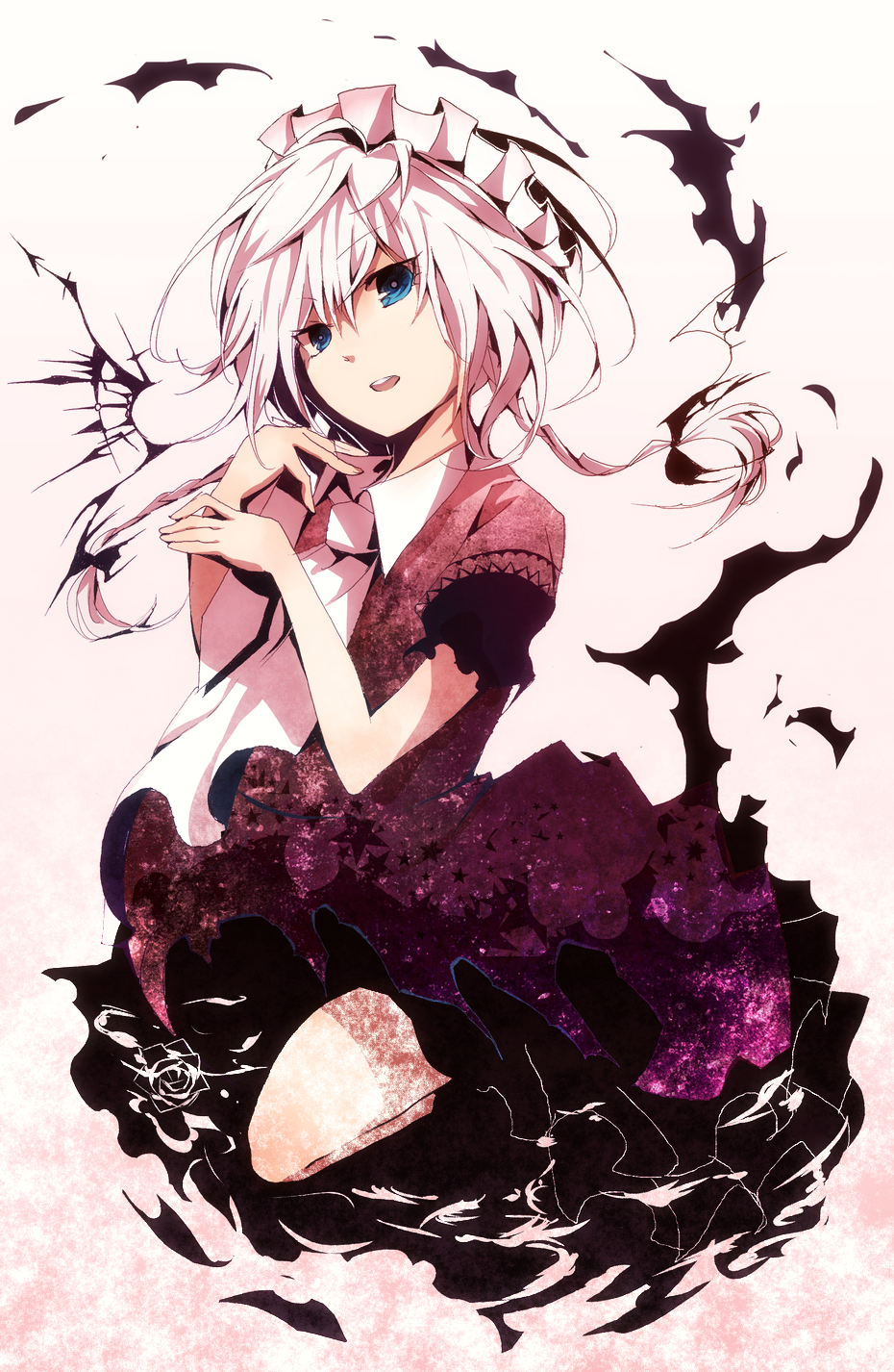 1girl, aji77, alternate_costume, blue_eyes, braid, dress, female_focus, highres, izayoi_sakuya, maid_headdress, short_hair, silver_hair, solo, touhou, twin_braids