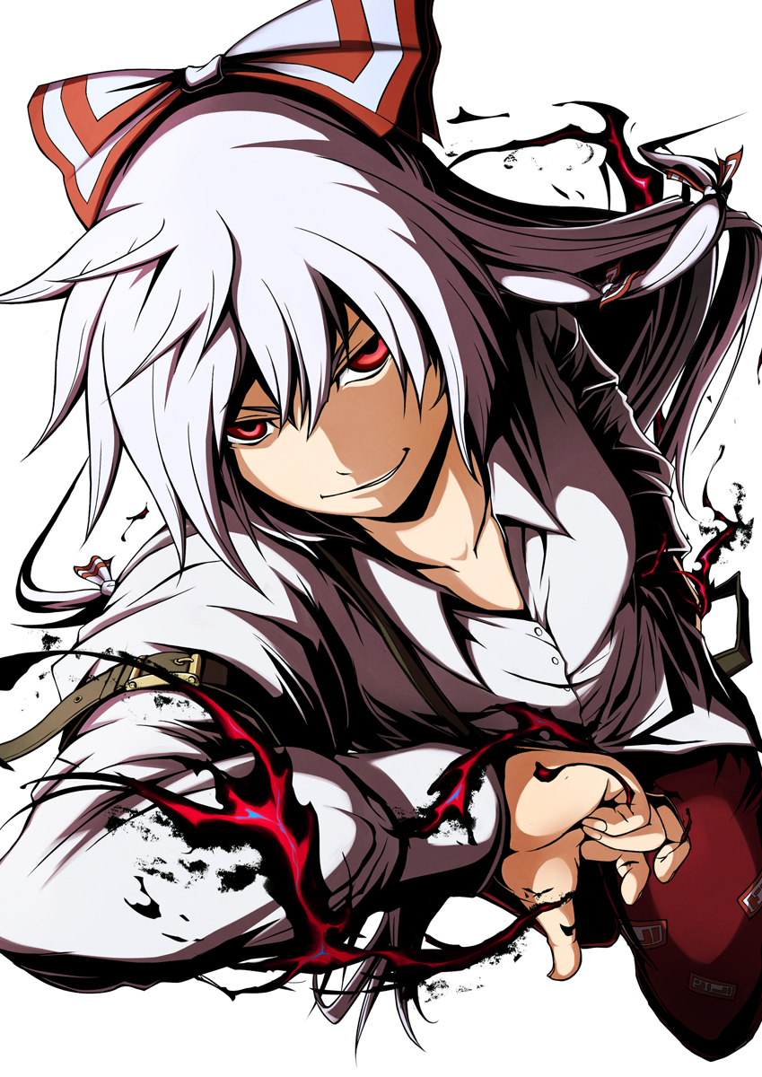 1girl, bow, buckle, buttons, female_focus, fire, fujiwara_no_mokou, hair_bow