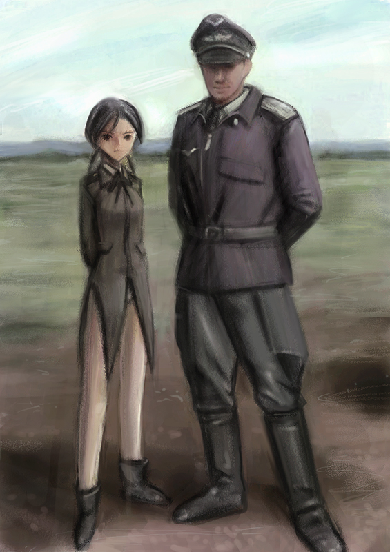 artist_request, boots, gerhard_barkhorn, gertrud_barkhorn, hat, luftwaffe, military, military_uniform, pilot, strike_witches, traditional_media, twintails, wehrmacht, world_war_ii, world_witches_series