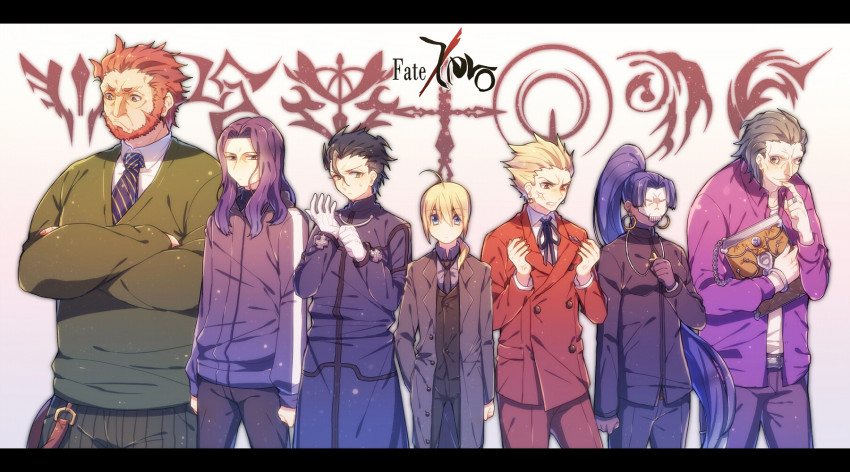 2girls, 5boys, anger_vein, artoria_pendragon_(fate), assassin_(fate/zero), beard, berserker_(fate/zero), blonde_hair