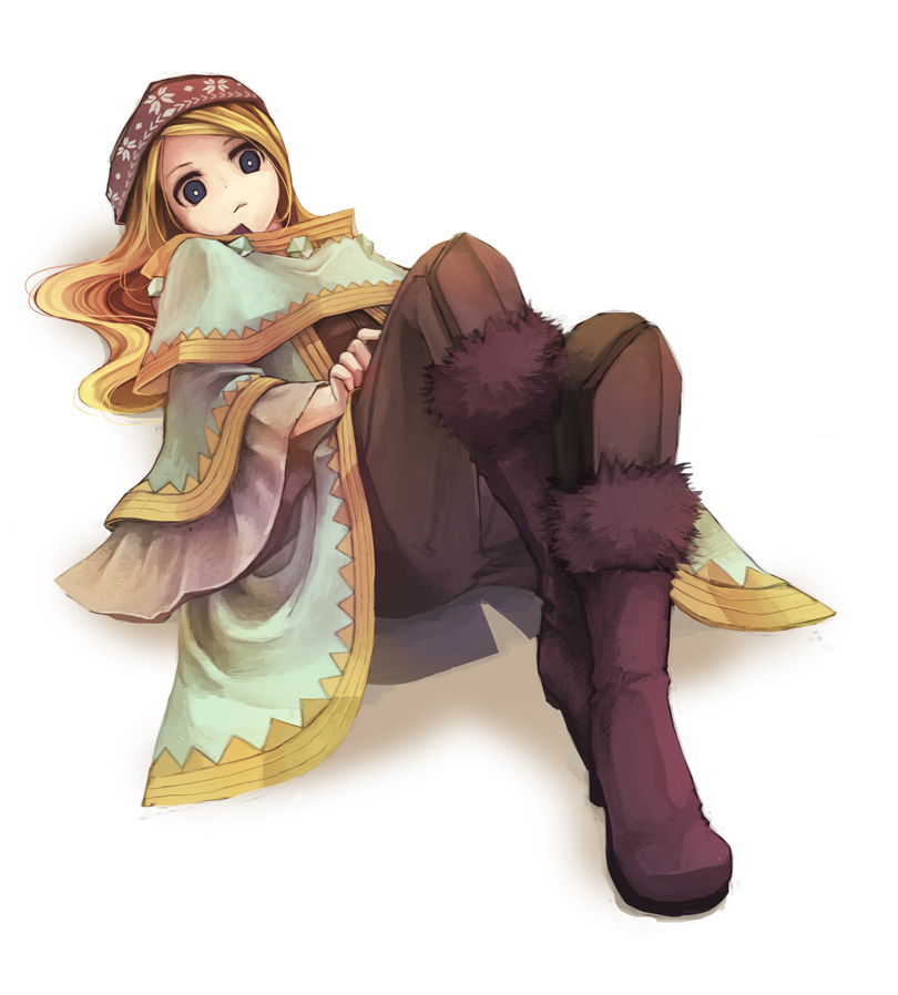 1girl, atlus, bad_id, bad_pixiv_id, blonde_hair, blue_eyes, boots, cloak, constricted_pupils, etrian_odyssey, female_focus, full_body, fur, hat, high_heels, long_hair, lying, on_back, pepeko, rune_master, rune_master_(sekaiju), rune_master_1_(sekaiju), sekaiju_no_meikyuu, sekaiju_no_meikyuu_4, shoes, simple_background, solo, white_background