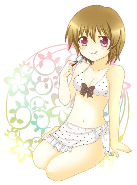 bare_shoulders, bikini, breasts, brown_hair, dessert, food, ice_cream, luminous_arc