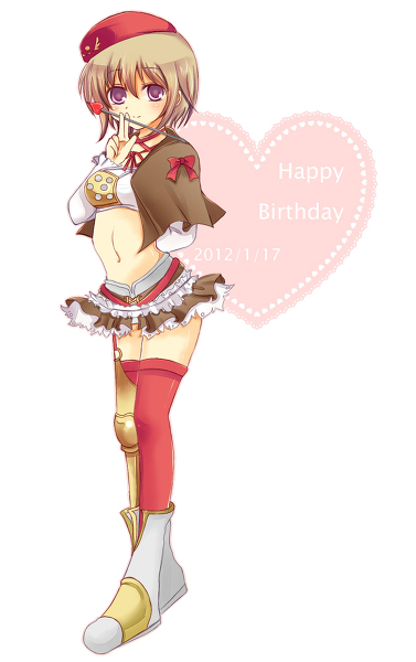 belt, beret, breasts, brown_hair, hat, luminous_arc, luminous_arc_2, midriff