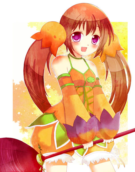 bare_shoulders, breasts, brown_hair, choker, detached_sleeves, luminous_arc, luminous_arc_2, potpourri_(luminous_arc), purple_eyes, twintails