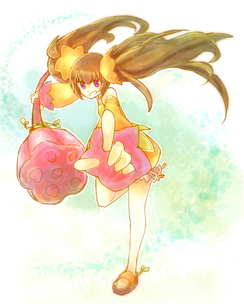 bare_shoulders, brown_hair, detached_sleeves, flower, luminous_arc, luminous_arc_2, potpourri_(luminous_arc), purple_eyes, shoes, twintails