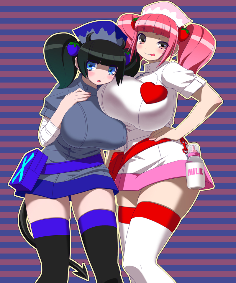 2girls, :p, alternate_color, bag, bemani, black_hair, black_legwear, blue_eyes, blush, breasts, covered_erect_nipples, demon_tail, dual_persona, fang, food, fruit, hair_ornament, hat, horns, huge_breasts, long_hair, milk, milk_(pop'n_music), multiple_girls, nurse, nurse_cap, pink_hair, pop'n_music, red_eyes, short_twintails, strawberry, tail, thighhighs, tongue, tongue_out, twintails, umi_no_tarako, white_legwear