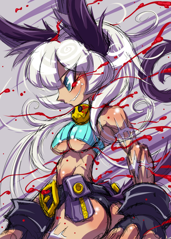 1girl, animal_ears, aqua_eyes, ass, bandolier, bare_shoulders, belt, blood