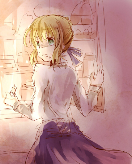 1girl, ahoge, artoria_pendragon_(fate), bad_id, bad_pixiv_id, blonde_hair, blush, crumbs, embarrassed, fate/stay_night, fate_(series), female_focus, food, green_eyes, hair_ribbon, looking_back, open_mouth, refrigerator, ribbon, saber_(fate), solo, tbsk2142, totte