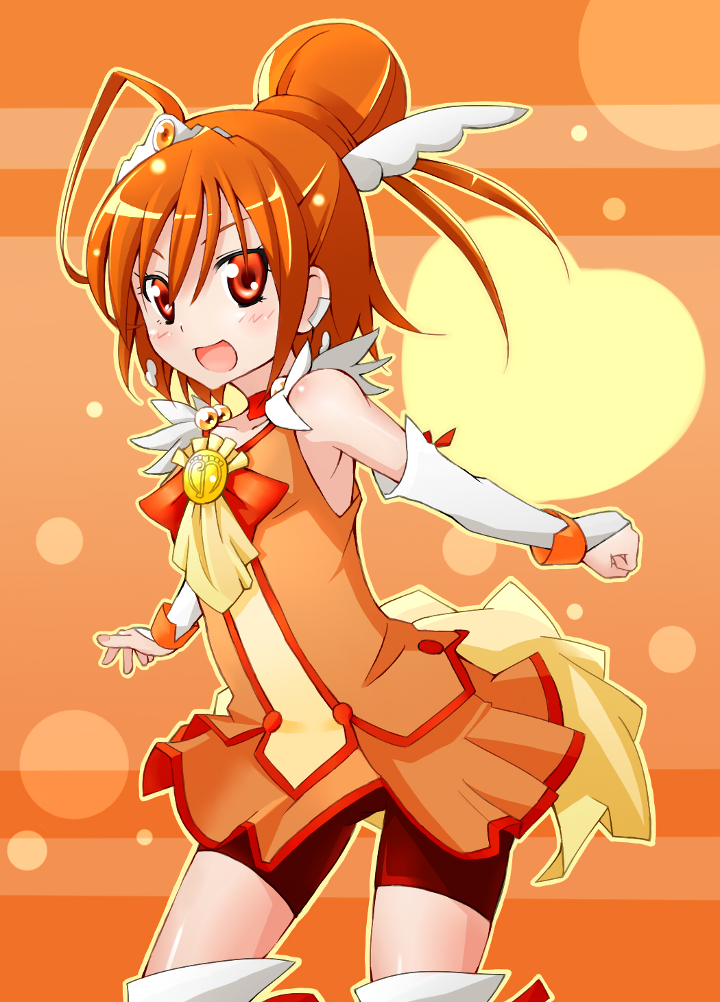 10s, 1girl, bike_shorts, bike_shorts_under_skirt, blush, bow, cure_sunny, dress