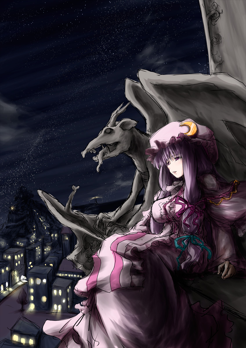 1girl, bad_id, bad_pixiv_id, bat_wings, blush, breasts, city, crescent, dress, female_focus, gargoyle, hat, highres, inaba-usagi, inaba_usagi_(rabbit_works), long_hair, night, open_mouth, patchouli_knowledge, purple_eyes, purple_hair, ribbon, sitting, sky, solo, star_(sky), statue, touhou, wings