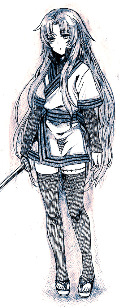 1boy, androgynous, black_thighhighs, geta, japanese_clothes, long_hair, male_focus, monochrome