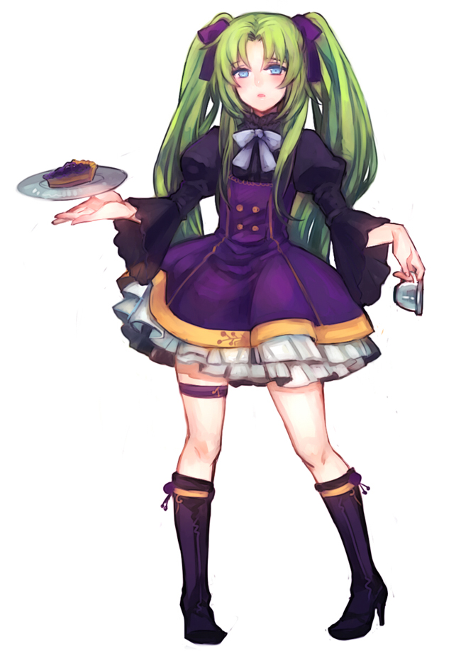 1boy, androgynous, blue_eyes, blush, bow, crossdressing, crossdressing_(mtf), dress, food, frown, green_hair, hair_bow, high_heels, lolita_fashion, long_hair, male_focus, nanakusa_(hillwithstars), original, pie, plate, shoes, solo, trap, twintails