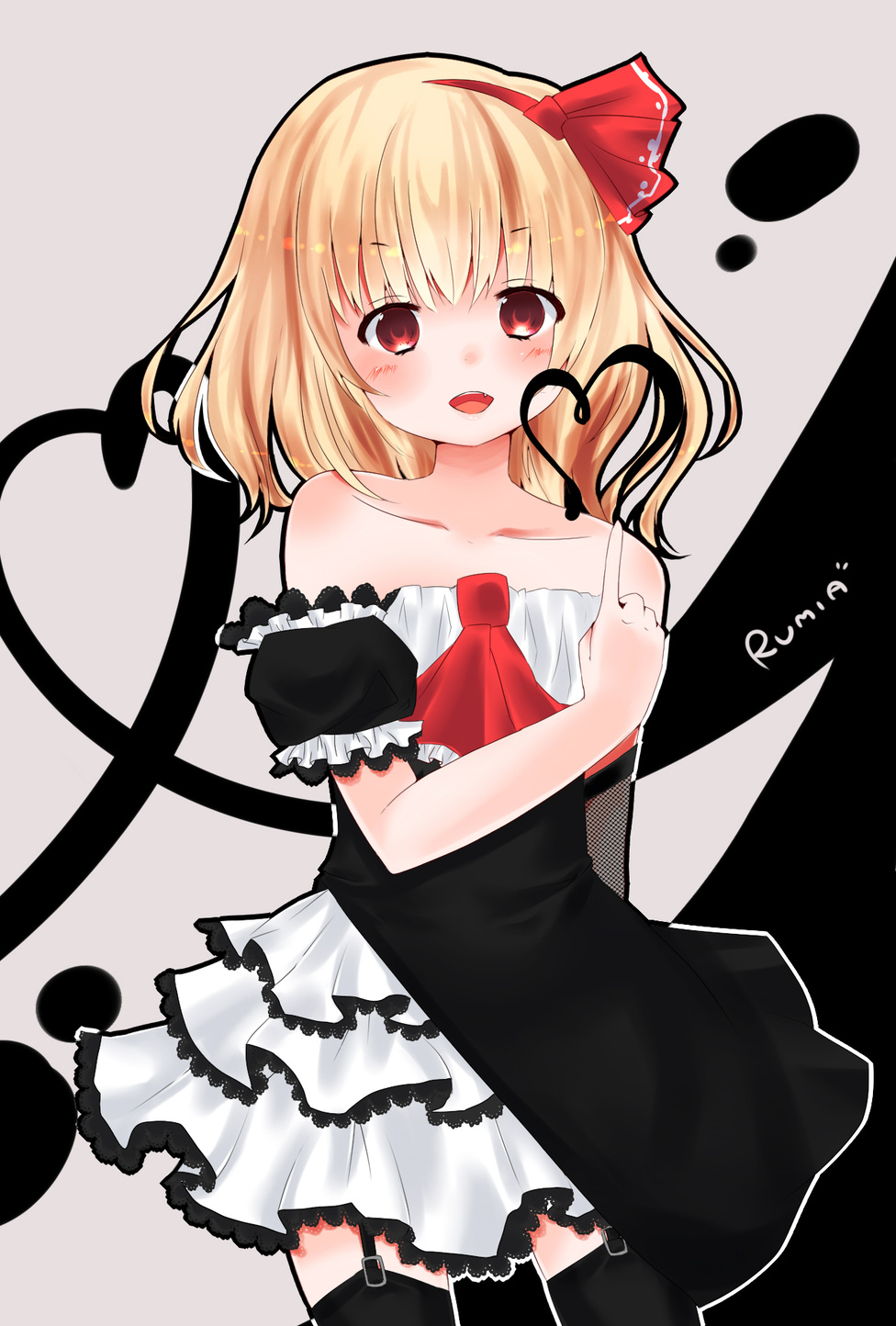 1girl, adapted_costume, ascot, bare_shoulders, black_thighhighs, blonde_hair, blush, fang