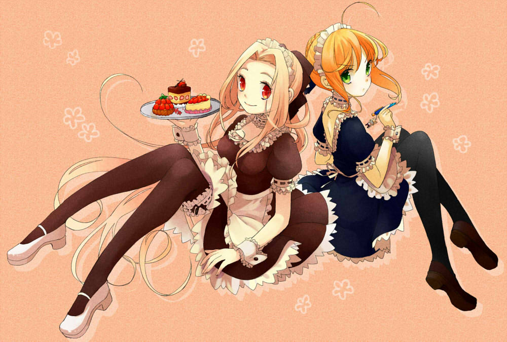 2girls, alternate_costume, apron, artoria_pendragon_(fate), bad_id, bad_pixiv_id, blonde_hair, breasts