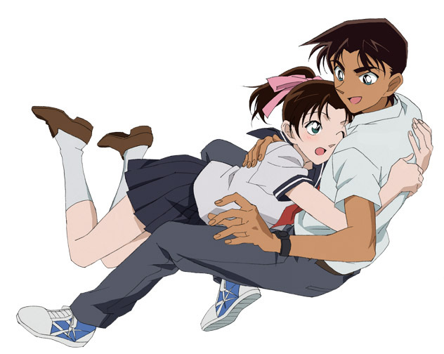 1boy, 1girl, bad_id, bad_pixiv_id, blue_sailor_collar, brown_hair, couple, hattori_heiji
