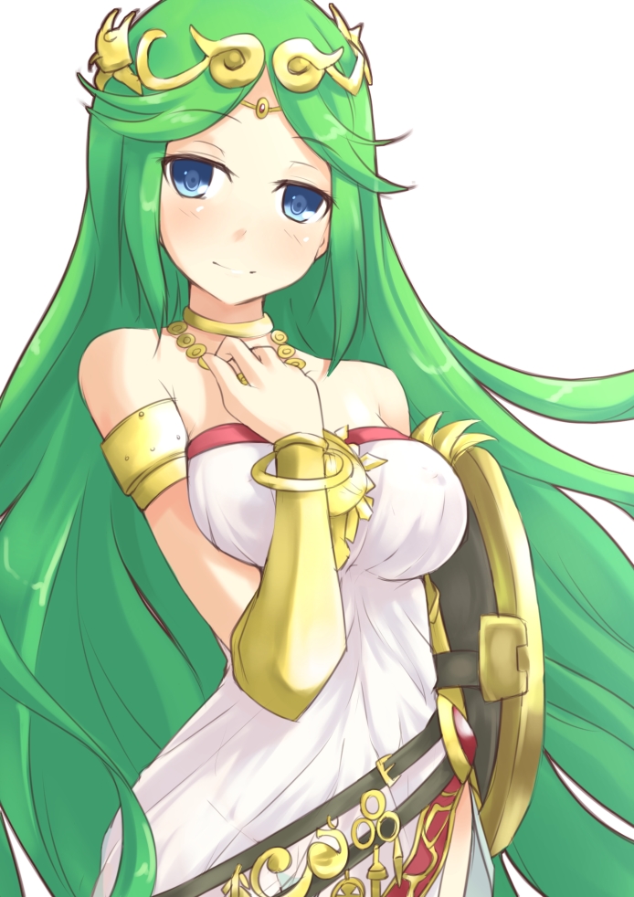 1girl, bare_shoulders, blue_eyes, breasts, choker, crown, female_focus, green_hair, jewelry, kid_icarus, kid_icarus_uprising, kuro_(be_ok), long_hair, lots_of_jewelry, medium_breasts, neck_ring, nintendo, palutena, shield, smile, solo