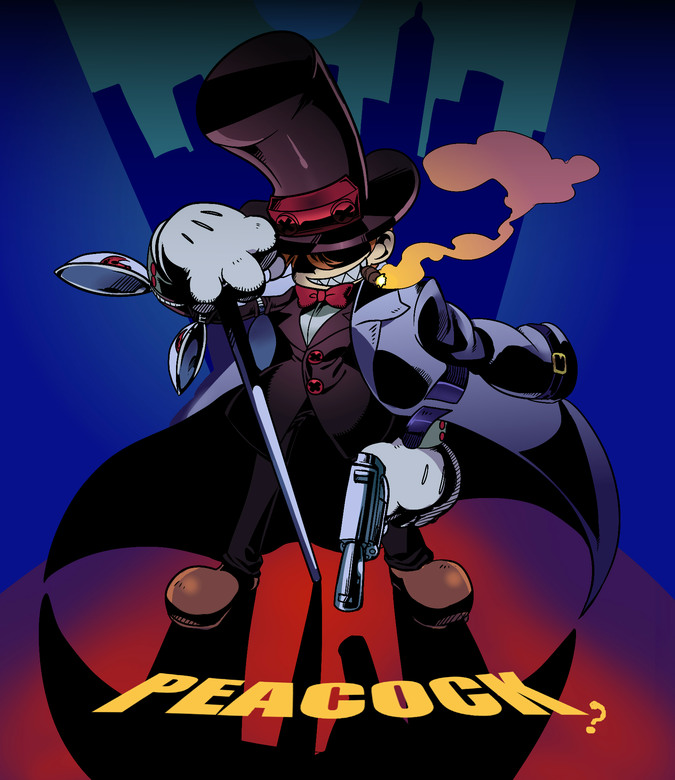 1boy, bow, bowtie, buttons, cane, character_name, cigar, city