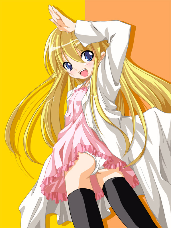 00s, blonde_hair, blue_eyes, blush, child, dress, flat_chest, frills, from_below, happy, ko-chin, lab_coat, long_hair, looking_back, pani_poni_dash!, panties, pantyshot, rebecca_miyamoto, salute, solo, thighhighs, underwear, white_panties