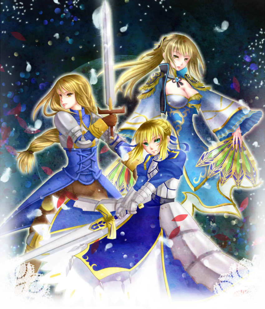 3girls, agrias_oaks, ahoge, armor, armored_dress, artoria_pendragon_(fate), blonde_hair, blue_eyes