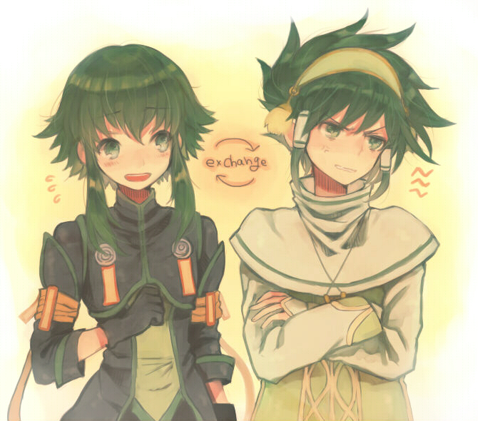 2boys, anger_vein, annoyed, bishounen, coat, cosplay, costume_switch, crossed_arms, gloves, green_eyes, green_hair, hair_tubes, hairband, ion_(cosplay), ion_(tales), jewelry, kurodeko, male_focus, messy_hair, multiple_boys, necklace, short_hair_with_long_locks, sidelocks, sync_(cosplay), sync_(tales), tales_of_(series), tales_of_the_abyss, yellow_background