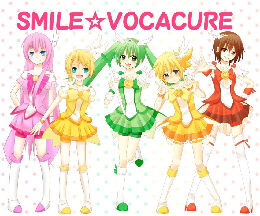 1boy, 4girls, absurdres, bad_id, bad_pixiv_id, bike_shorts, blonde_hair, blue_eyes, blush, bow, brown_eyes, brown_hair, color_connection, cosplay, crossdressing, cure_happy, cure_happy_(cosplay), cure_march, cure_march_(cosplay), cure_peace, cure_peace_(cosplay), cure_sunny, cure_sunny_(cosplay), double_v, dress, embarrassed, frills, green_hair, hair_ornament, hairclip, hatsune_miku, head_wings, highres, kagamine_len, kagamine_rin, long_hair, magical_girl, megurine_luka, meiko_(vocaloid), multiple_girls, pink_hair, polka_dot, polka_dot_background, precure, short_hair, shorts, shorts_under_skirt, siblings, skirt, smile, smile_precure!, sora-1123, spring_onion, tears, tiara, twins, twintails, v, vocaloid, white_background, wings, wrist_cuffs