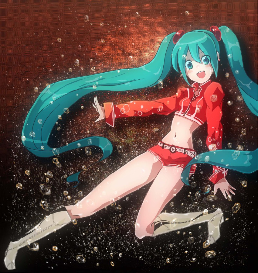 1girl, aqua_eyes, aqua_hair, belt, blush, boots, cola_miku, crop_top
