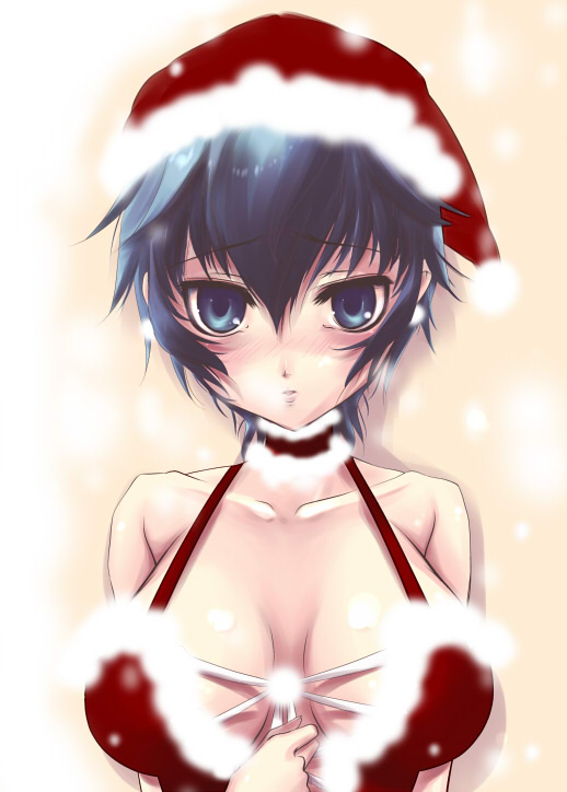 1girl, arm_between_breasts, atlus, bare_shoulders, between_breasts, blue_eyes, blue_hair, blush, breasts, christmas, cleavage, corset, embarrassed, female_focus, hat, huge_breasts, large_breasts, looking_at_viewer, matching_hair/eyes, persona, persona_4, sakurasawa_yukino, santa_costume, santa_hat, shirogane_naoto, solo, upper_body