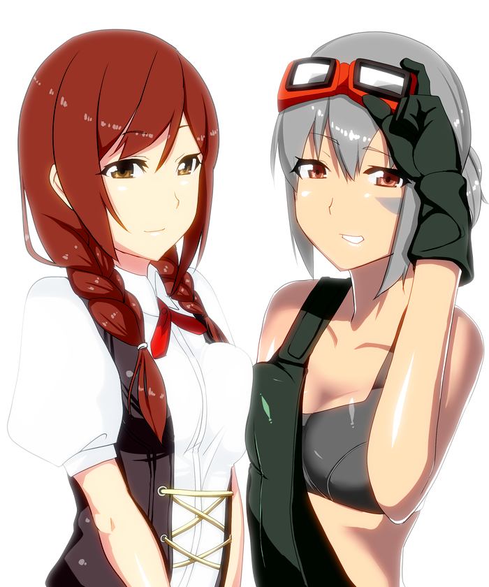 10s, 2girls, adjusting_goggles, alternate_hairstyle, amano_don, asymmetrical_docking, bad_id, bad_pixiv_id, black_bra, black_gloves, bra, braid, breast_press, breasts, brown_eyes, brown_hair, closed_mouth, collarbone, collared_shirt, cross-laced_clothes, dirty, dirty_face, eyebrows, from_side, gloves, god_eater, god_eater_2:_rage_burst, god_eater_burst, goggles, goggles_on_head, grin, hair_between_eyes, hair_over_shoulder, hair_tie, hand_up, kusunoki_rikka, lingerie, long_hair, looking_at_viewer, medium_breasts, multiple_girls, open_clothes, open_vest, overalls, ponytail, puffy_short_sleeves, puffy_sleeves, red_eyes, red_hair, shiny_skin, shirt, short_hair, short_ponytail, short_sleeves, sidelocks, silver_hair, simple_background, smile, sports_bra, takeda_hibari, twin_braids, twintails, underwear, upper_body, vest, white_background, white_shirt